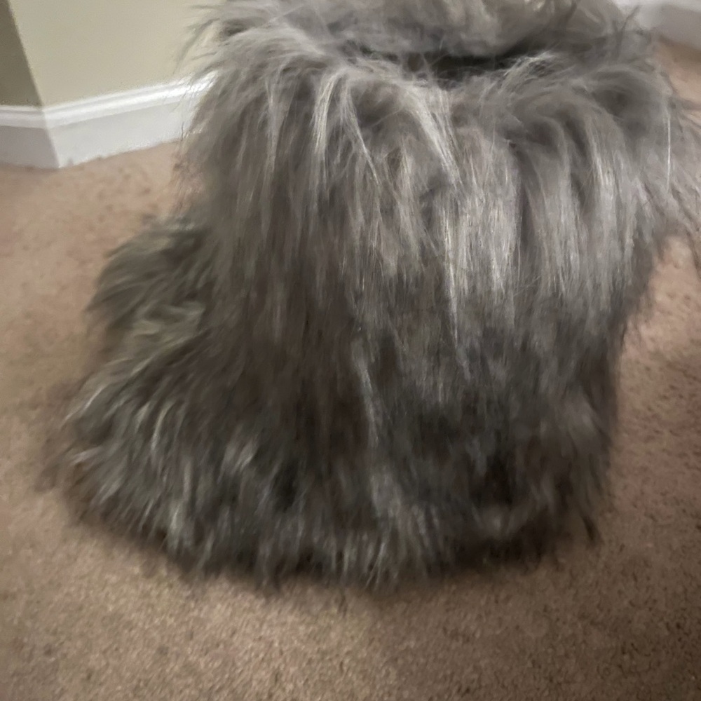 Gray Faux Fur Accent Stool